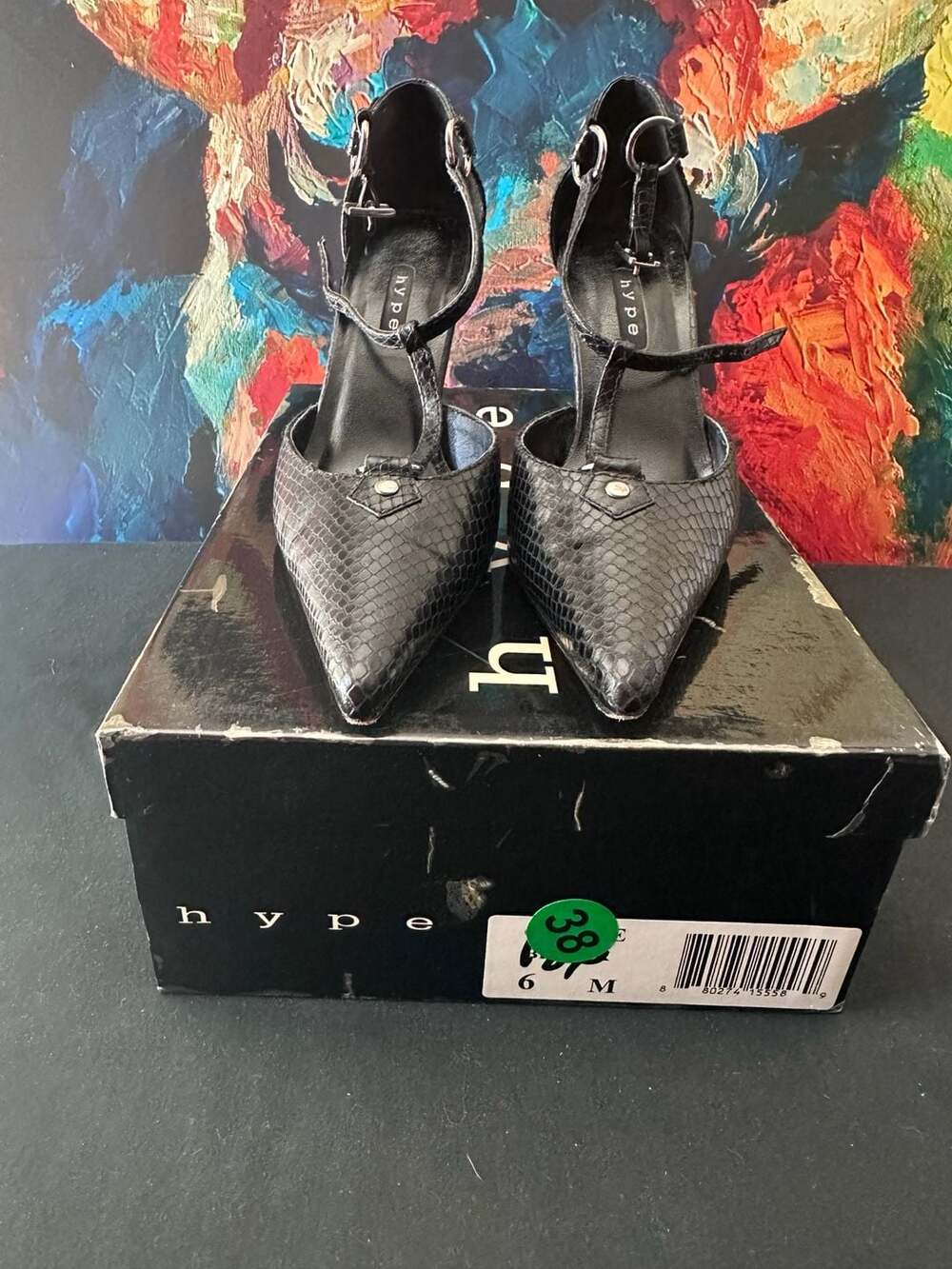 No.38 Hype Handcrafted Black Snakeskin Effect Leather T-Strap Pointed Toe Heels